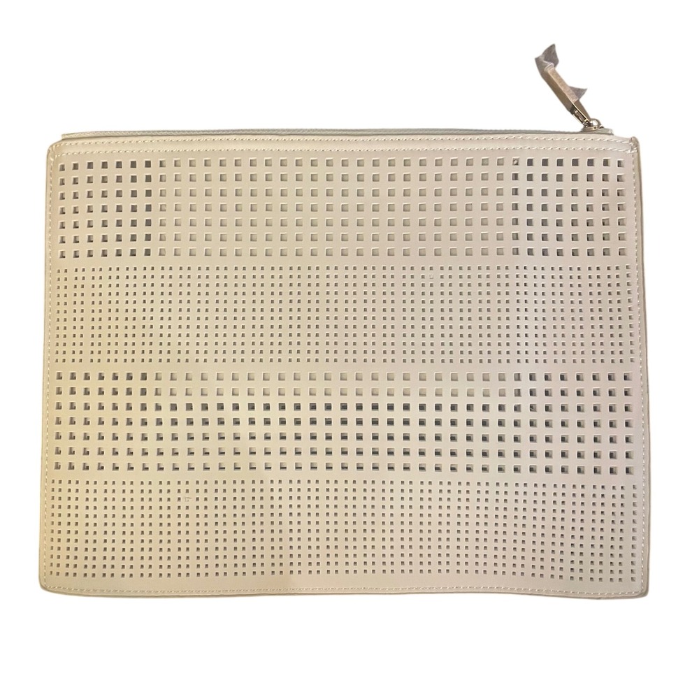 Deux Lux Cream Vegan Leather Perforated Laser Cut Zip Top Clutch Bag Pouch
